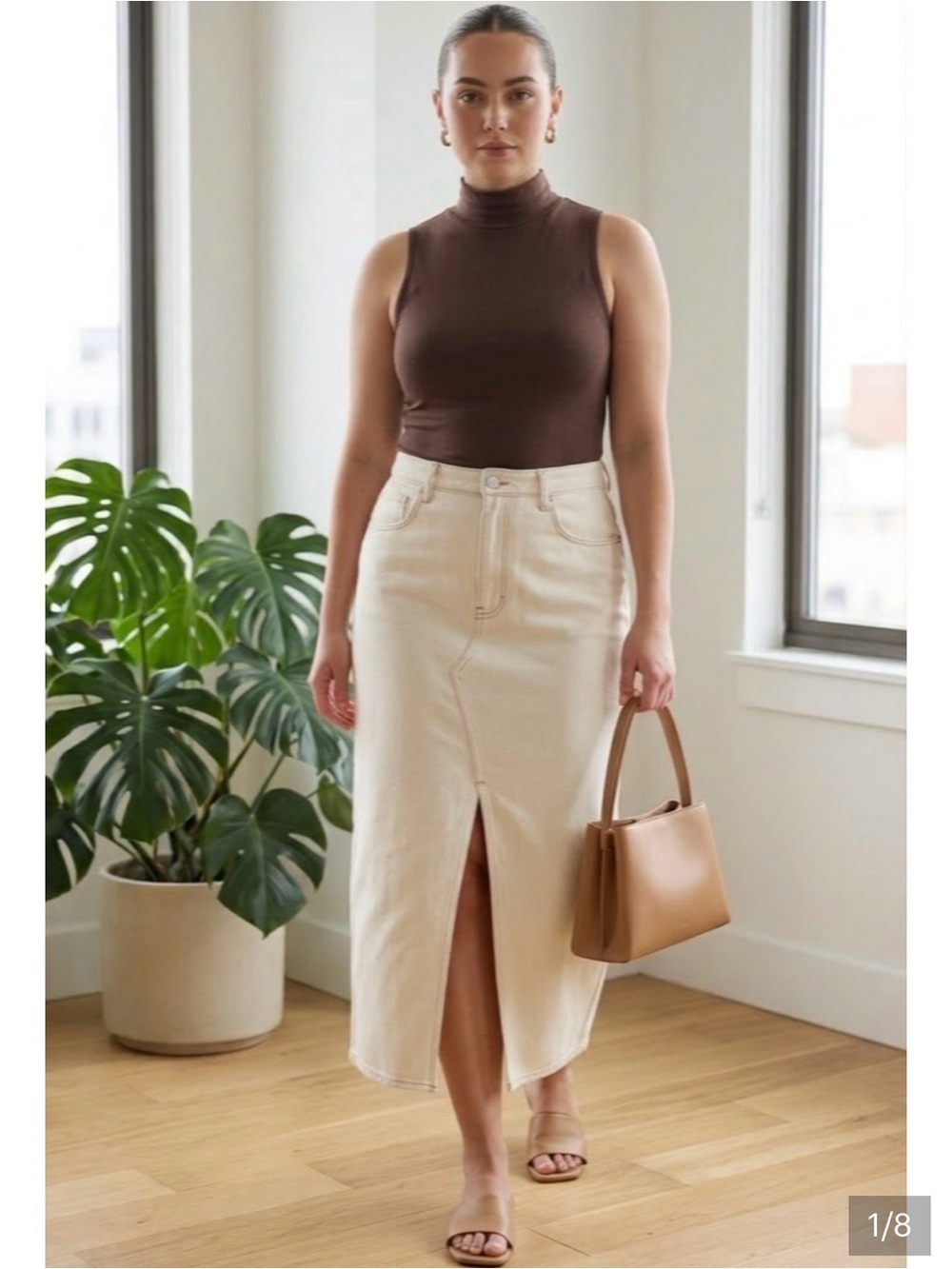 Blank NYC Cream Midi Skirt with Front Slit Cotton Like New Size 4 Office Casual